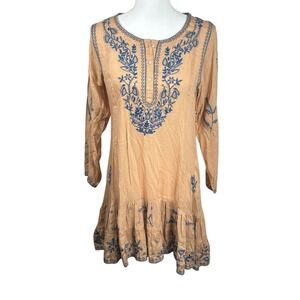 Bohemian Embroidered Dress Sz M Natural Long Sleeve Flowy Relaxed Cottage